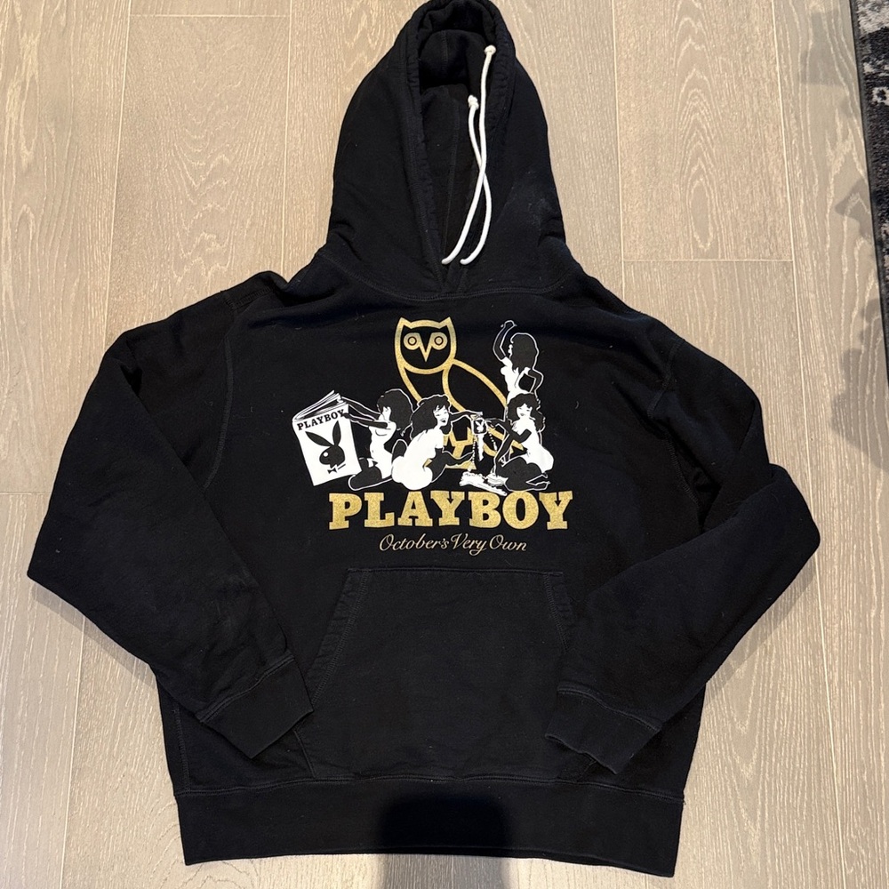 Black Playboy Hoodie with Gold and White Graphics